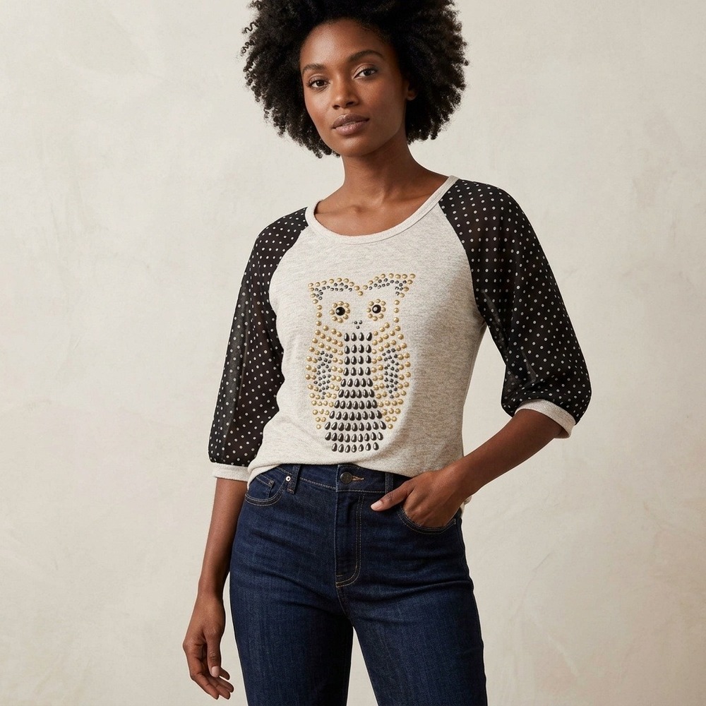 MAUVE Top Women Studded Owl Knit Polka Dot Sheer Raglan Sleeve Gray Size Large